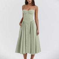Camilla Sweetheart Corset Bodice Pleated Skirt Strappy Midi Dress