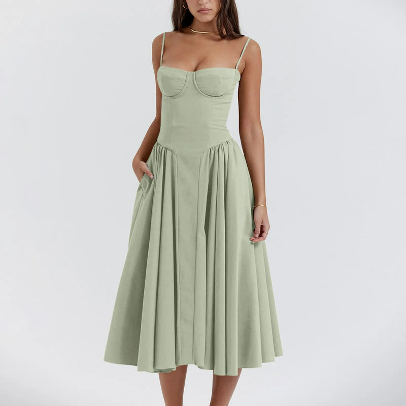 Camilla Sweetheart Corset Bodice Pleated Skirt Strappy Midi Dress