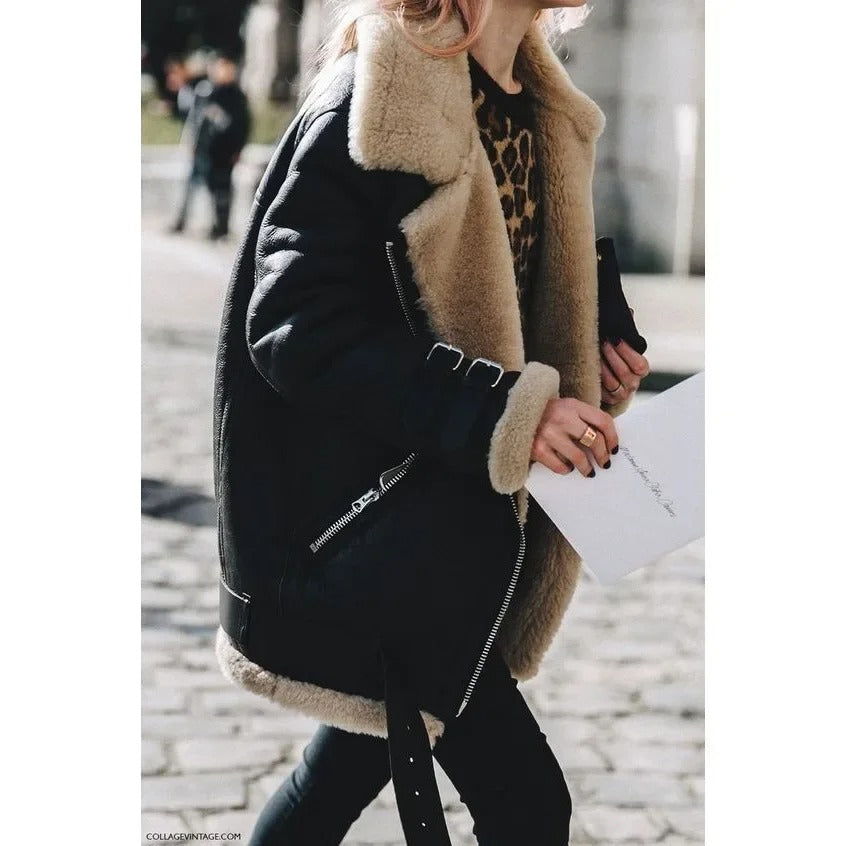 Ophelia Buckle Strap Shearling Lined Aviator Biker Jacket
