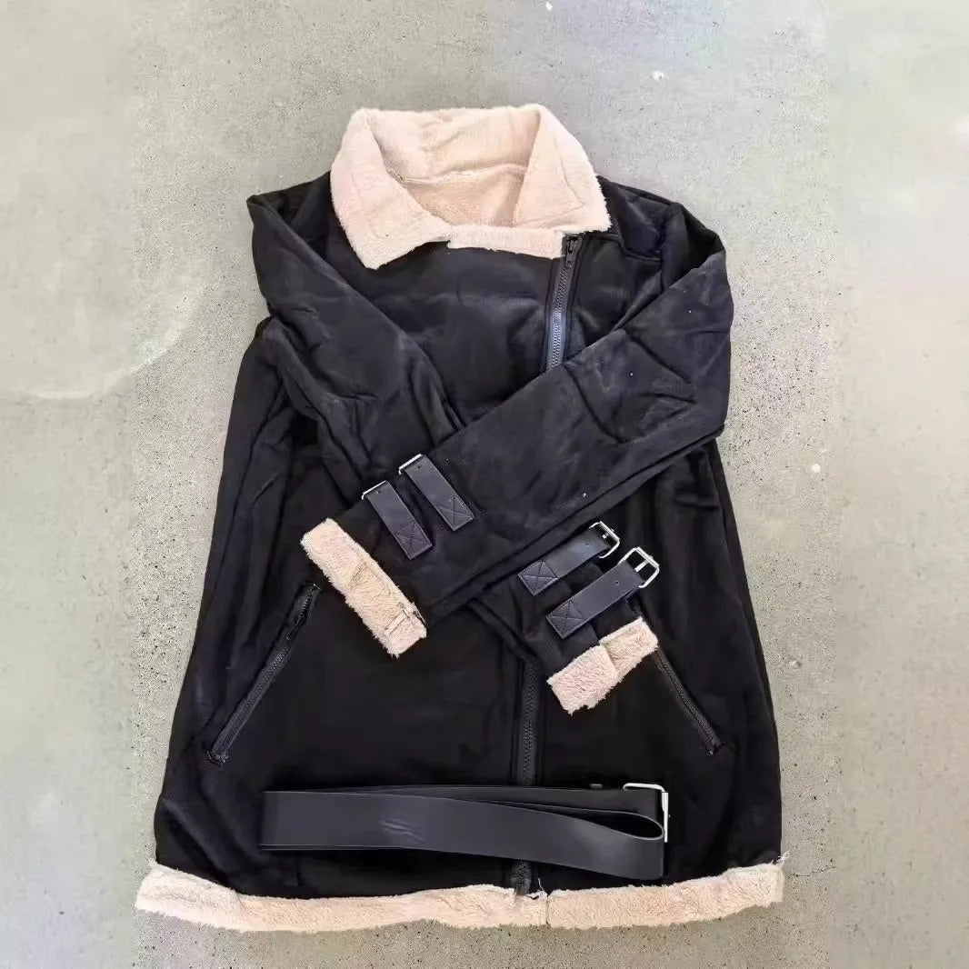 Ophelia Buckle Strap Shearling Lined Aviator Biker Jacket