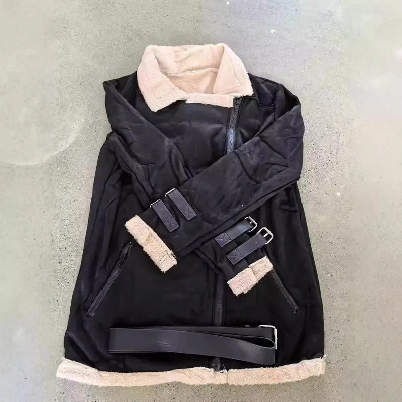 Ophelia Buckle Strap Shearling Lined Aviator Biker Jacket