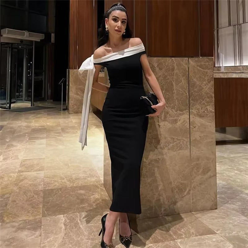 Emmanuelle Contrast Bardot Off Shoulder Fitted Column Midi Dress