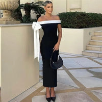 Emmanuelle Contrast Bardot Off Shoulder Fitted Column Midi Dress