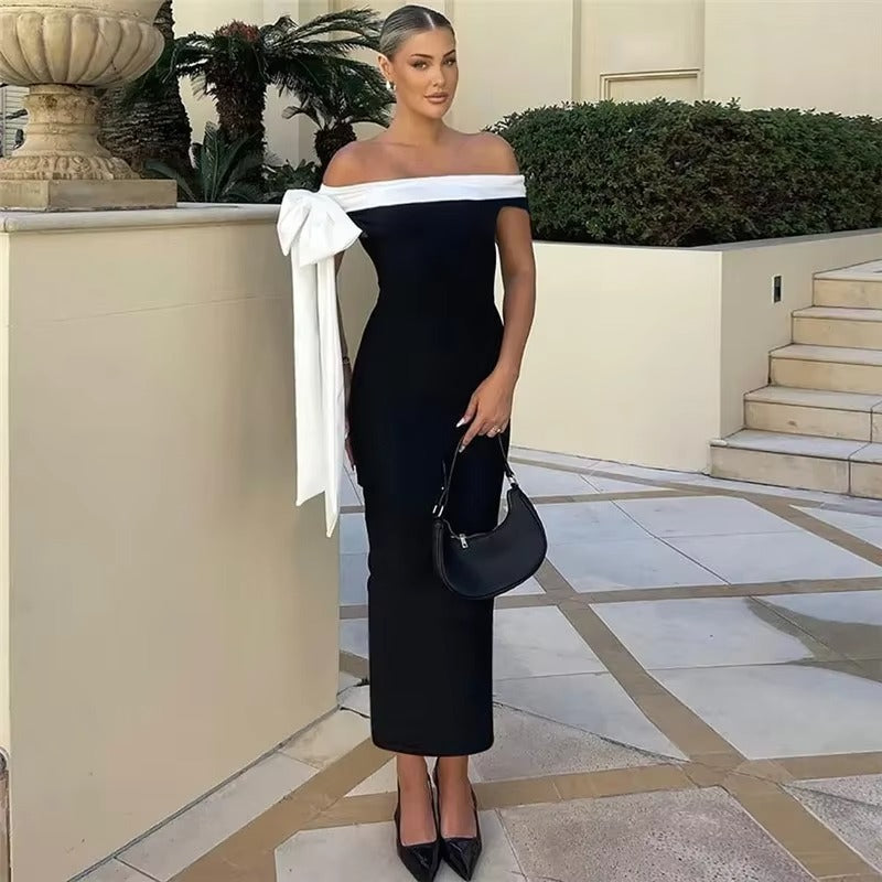 Emmanuelle Contrast Bardot Off Shoulder Fitted Column Midi Dress