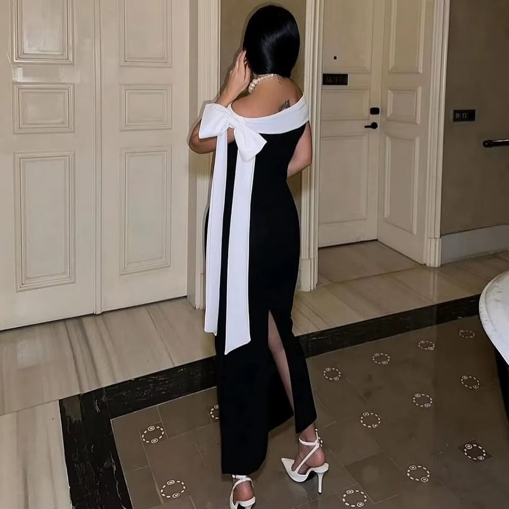 Emmanuelle Contrast Bardot Off Shoulder Fitted Column Midi Dress