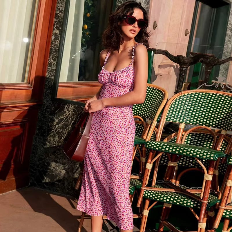 Etta Small Floral Print Bias Cut Slip Midi Dress