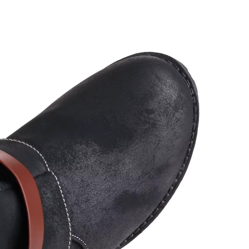 Clarisse Buckle Strap Slouch Shaft Low Block Heel Mid Calf Boots