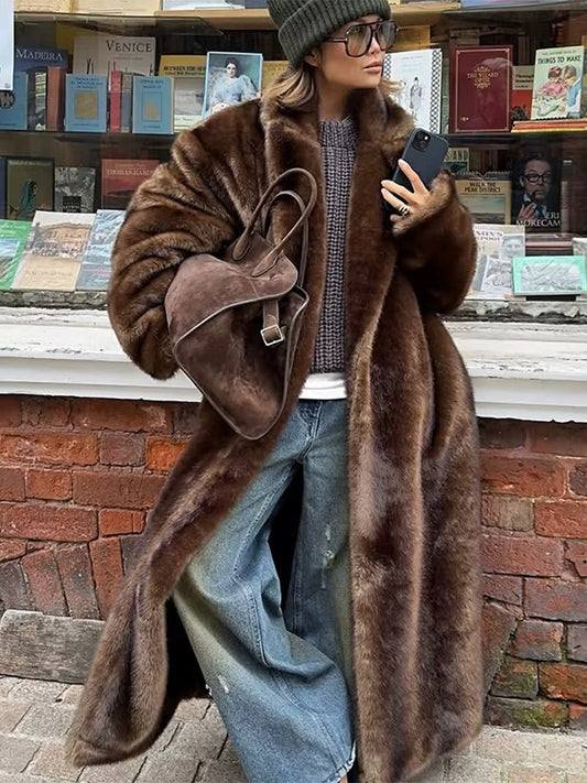 Phoebe Long Pile Faux Fur Full Length Statement Coat - Dark Brown