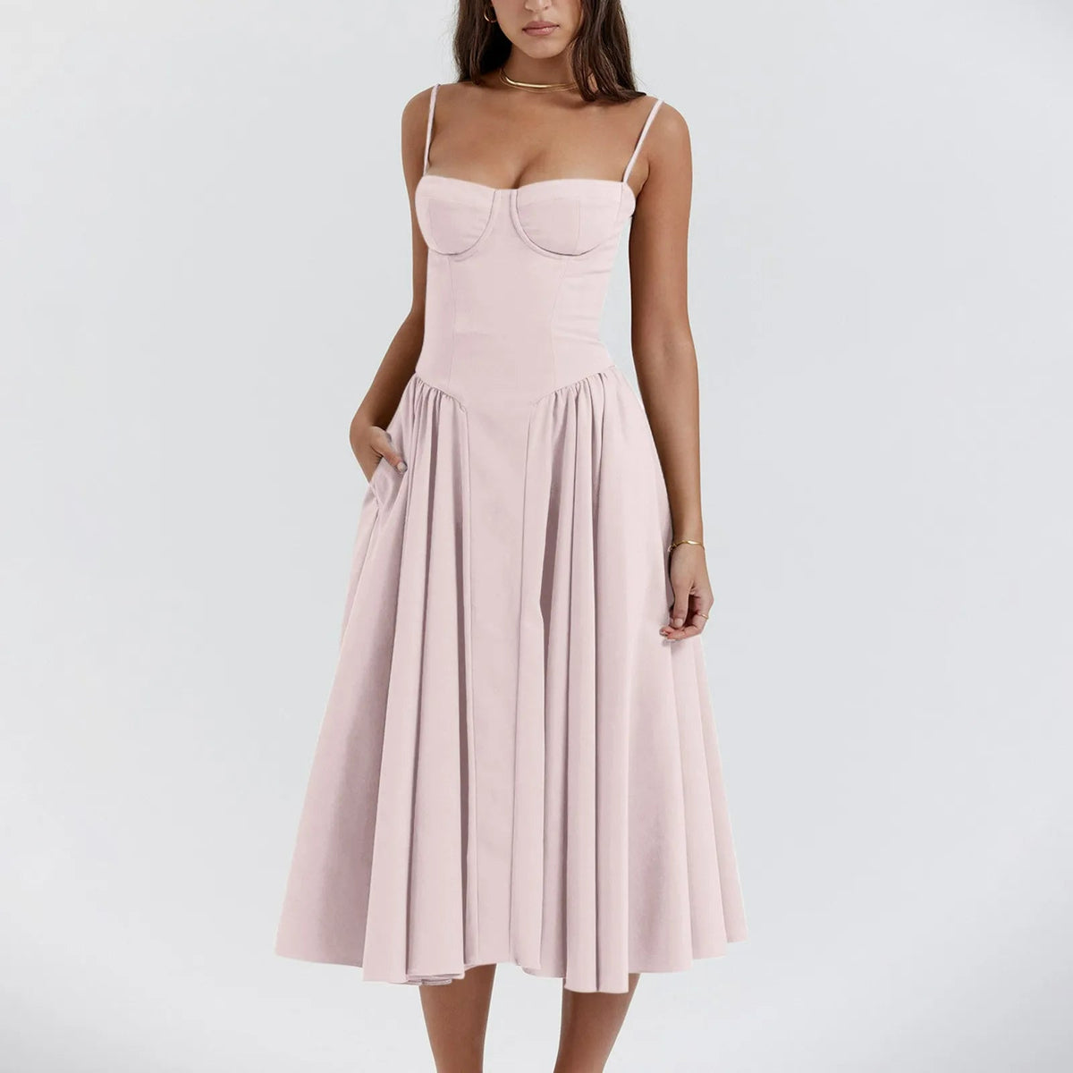 Camilla Sweetheart Corset Bodice Pleated Skirt Strappy Midi Dress - Pink
