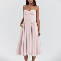 Camilla Sweetheart Corset Bodice Pleated Skirt Strappy Midi Dress