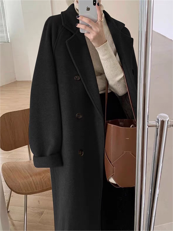 Mabel Turn Back Cuff Double Breasted Midi Length Coat - Black