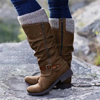 Clarisse Buckle Strap Slouch Shaft Low Block Heel Mid Calf Boots