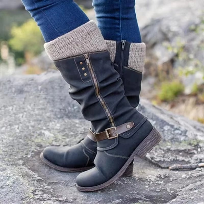 Clarisse Buckle Strap Slouch Shaft Low Block Heel Mid Calf Boots
