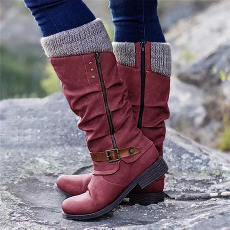 Clarisse Buckle Strap Slouch Shaft Low Block Heel Mid Calf Boots - Red