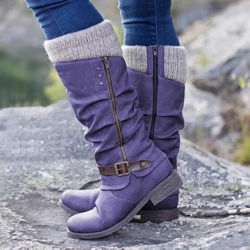 Clarisse Buckle Strap Slouch Shaft Low Block Heel Mid Calf Boots - Purple