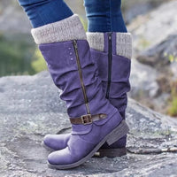 Clarisse Buckle Strap Slouch Shaft Low Block Heel Mid Calf Boots
