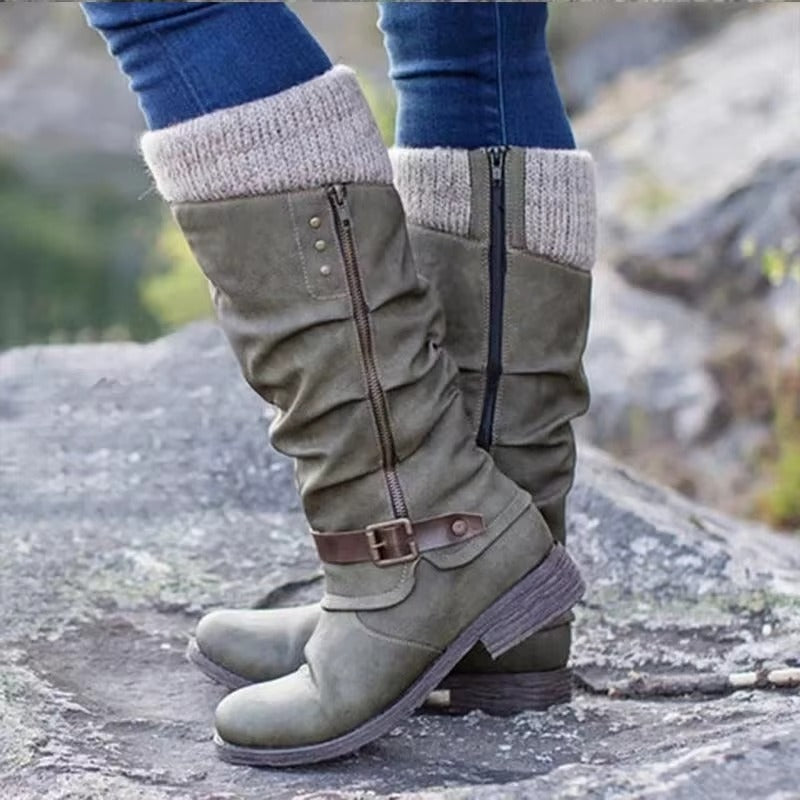 Clarisse Buckle Strap Slouch Shaft Low Block Heel Mid Calf Boots