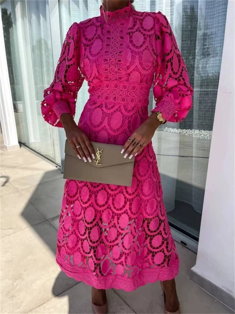 Amelie Open Lace Panel High Neck Long Sleeve Midi Dress