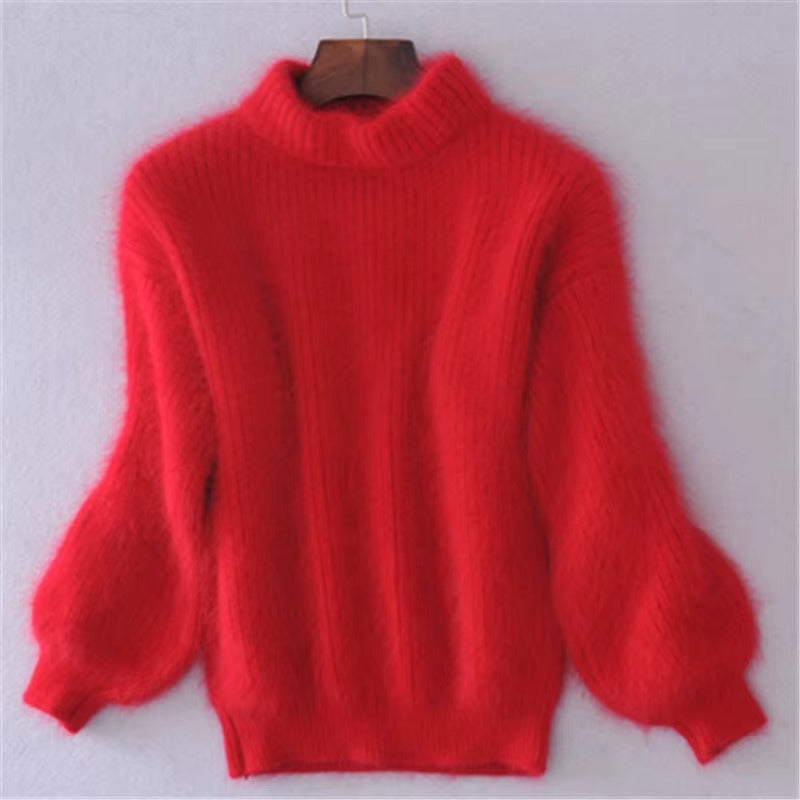 Hermione Brushed Halo Oversized Roll Neck Slouch Knit Jumper - Red