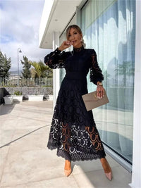 Amelie Open Lace Panel High Neck Long Sleeve Midi Dress