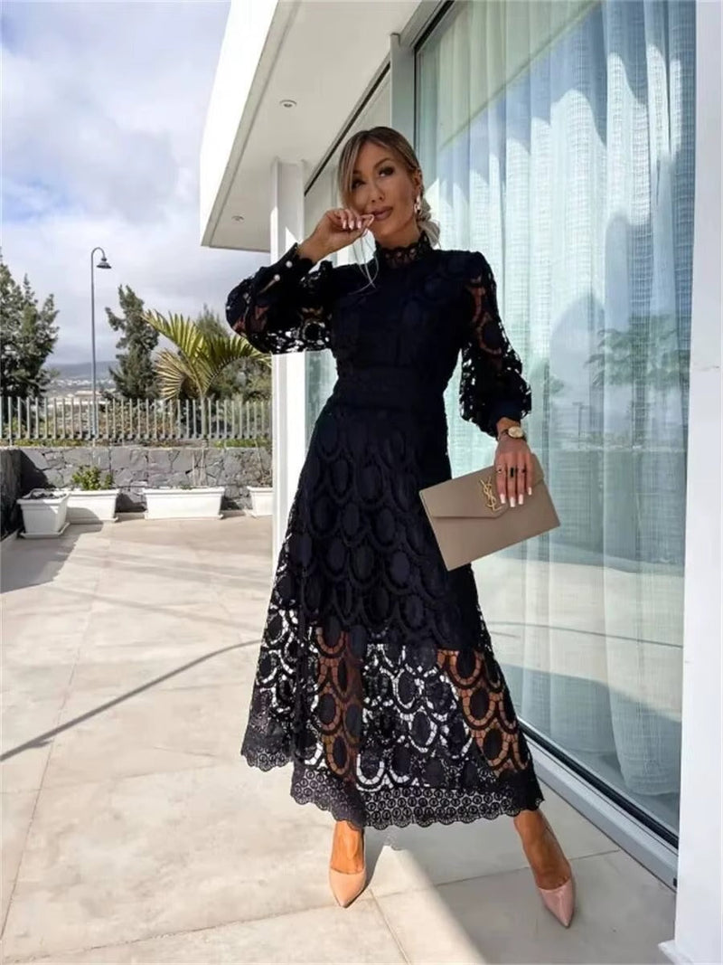 Amelie Open Lace Panel High Neck Long Sleeve Midi Dress