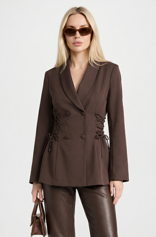 Cecily Corset Lace Side Detail Fitted Longline Blazer - Brown
