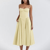 Camilla Sweetheart Corset Bodice Pleated Skirt Strappy Midi Dress