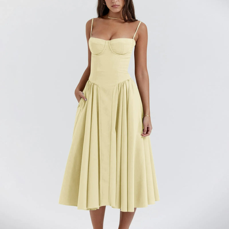 Camilla Sweetheart Corset Bodice Pleated Skirt Strappy Midi Dress